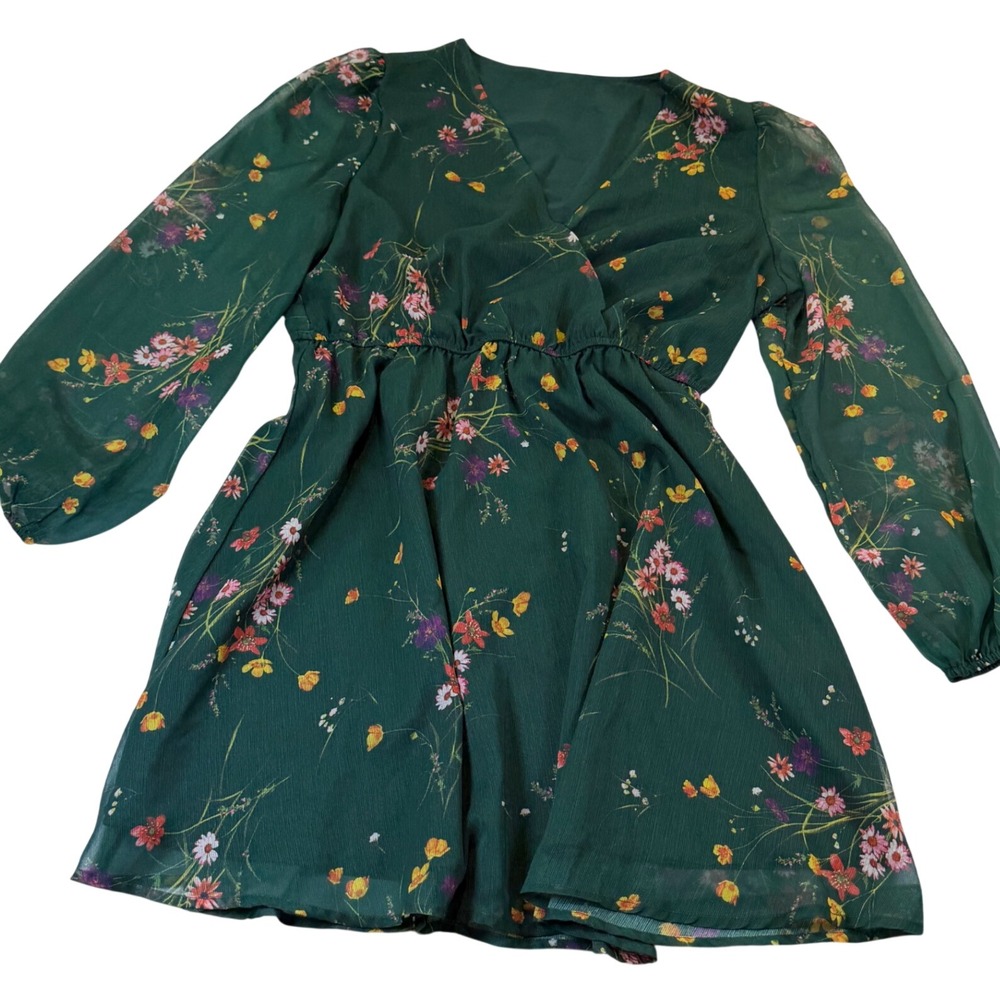 CUPSHE Green Wildflower Floral Chiffon Mini Dress Lng Sleeve V-Neck Large 1105C2